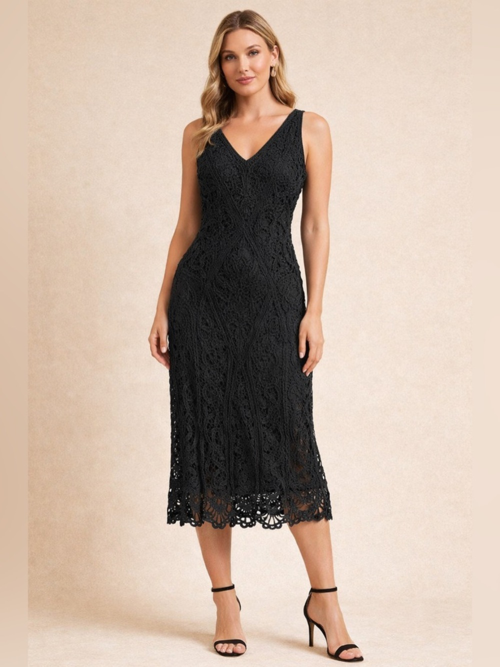 Marina Black Lace Midi Dress Sz 8 Sleeveless V Neck Scalloped Hem Cocktail Forma